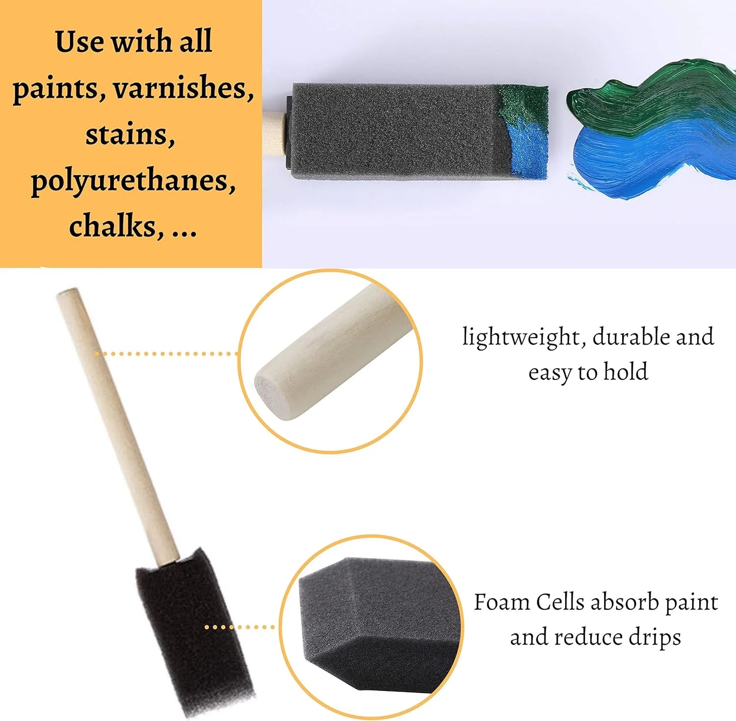 10Pcs Sponge Brush Wooden Handle Watercolor Oil Stain Art Craft Painting Drawing for kids